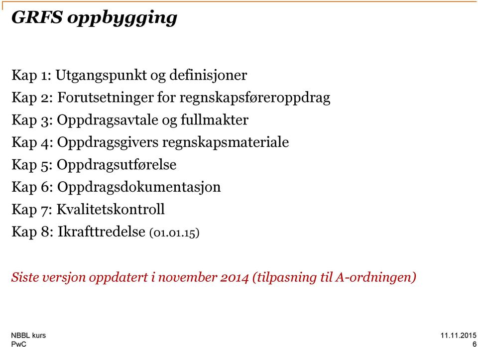 regnskapsmateriale Kap 5: Oppdragsutførelse Kap 6: Oppdragsdokumentasjon Kap 7: