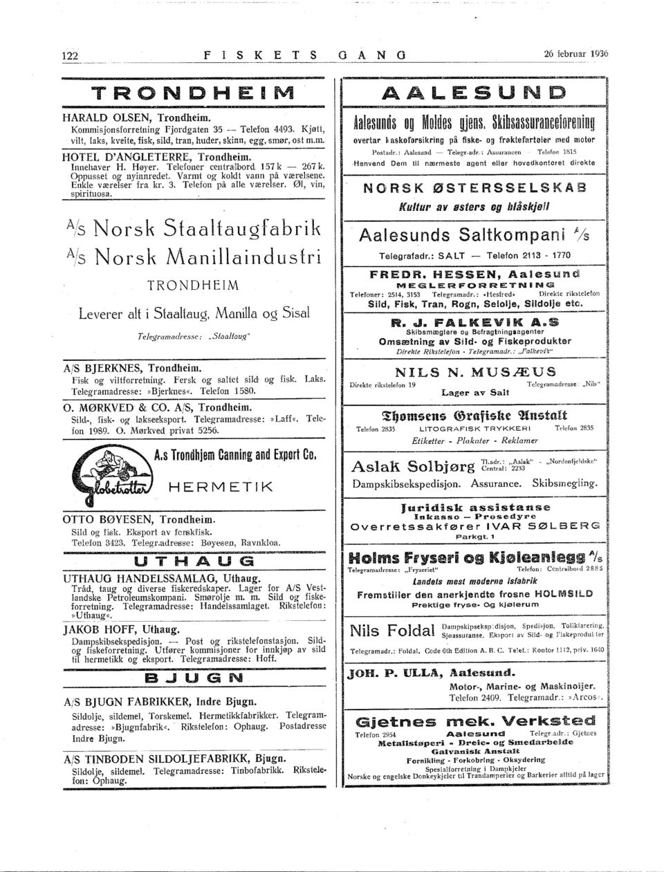 Als No rs k Sta al ta li gf a b ri k A/S Nor s k Man i la i nd u s fri TRONDHEM Leverer alt i Staaltaug, Manilla og Sisal Telegram adresse : "Sfaalfaug" AlS BJERKNES, Trondheim.