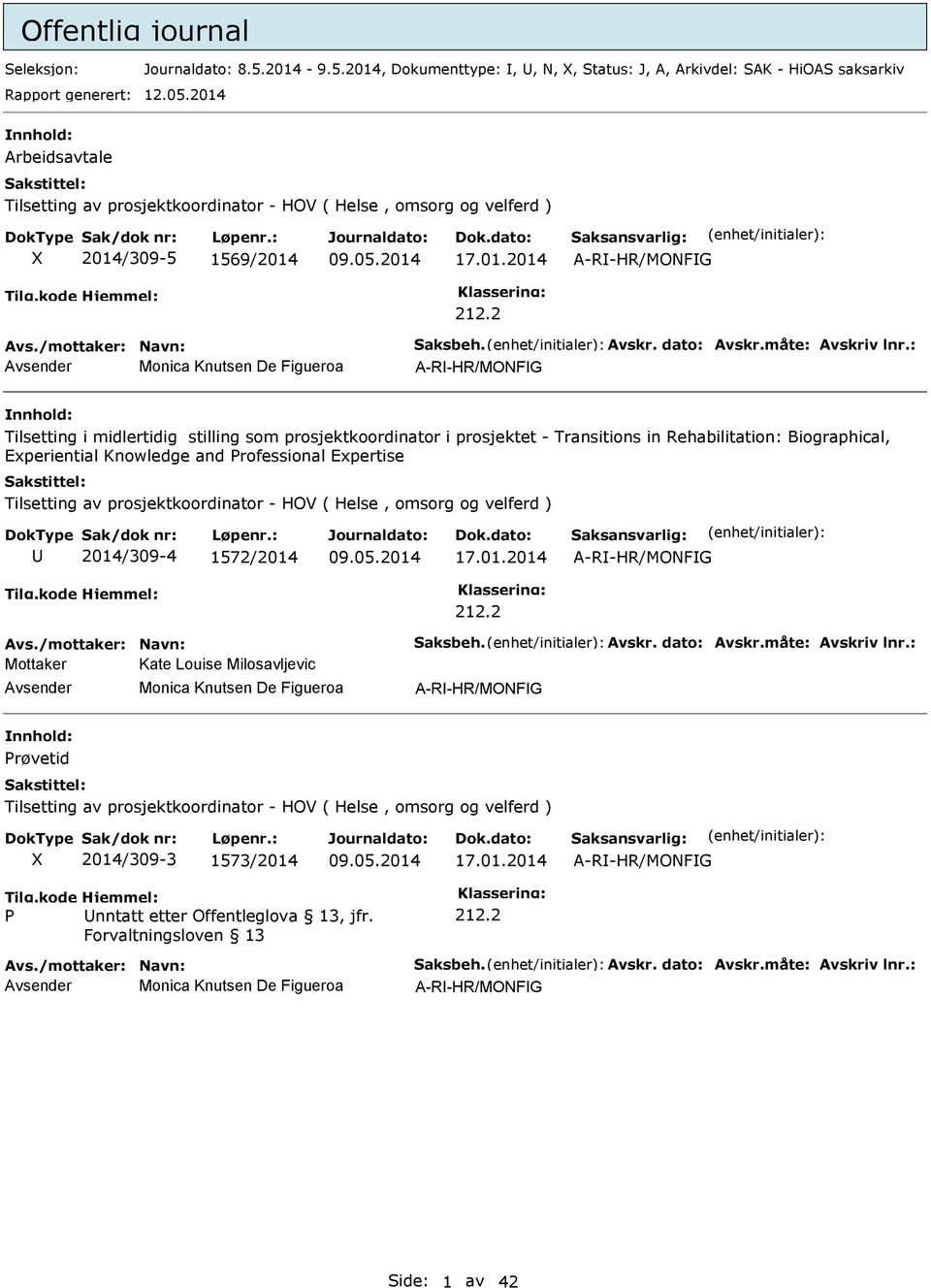 stilling som prosjektkoordinator i prosjektet - Transitions in Rehabilitation: Biographical, Experiential Knowledge and Professional Expertise Tilsetting av prosjektkoordinator - HOV ( Helse, omsorg