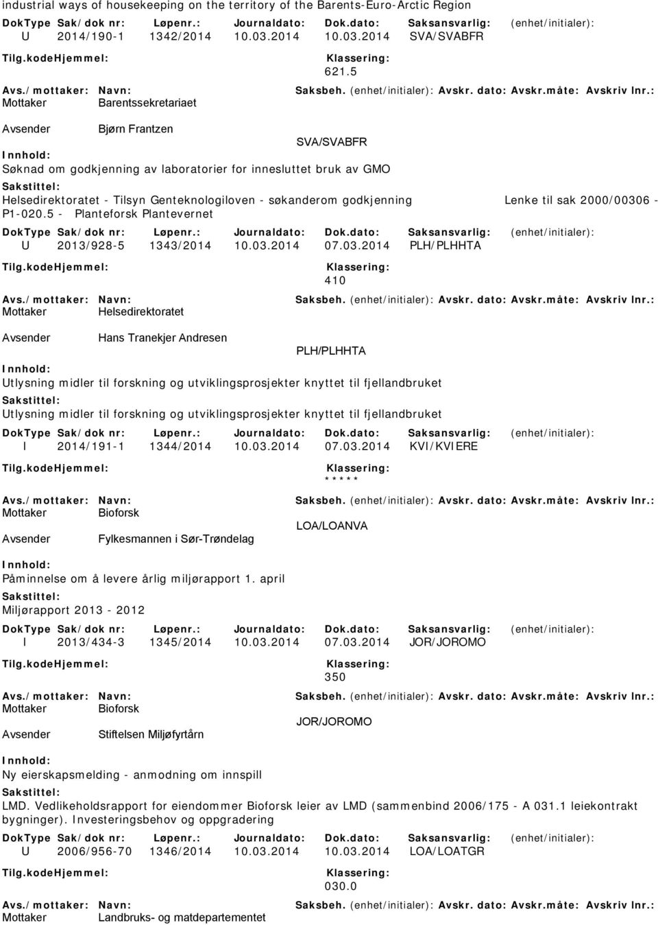 2014 SVA/SVABFR Mottaker Barentssekretariaet Bjørn Frantzen SVA/SVABFR Søknad om godkjenning av laboratorier for innesluttet bruk av GMO Helsedirektoratet - Tilsyn Genteknologiloven - søkanderom