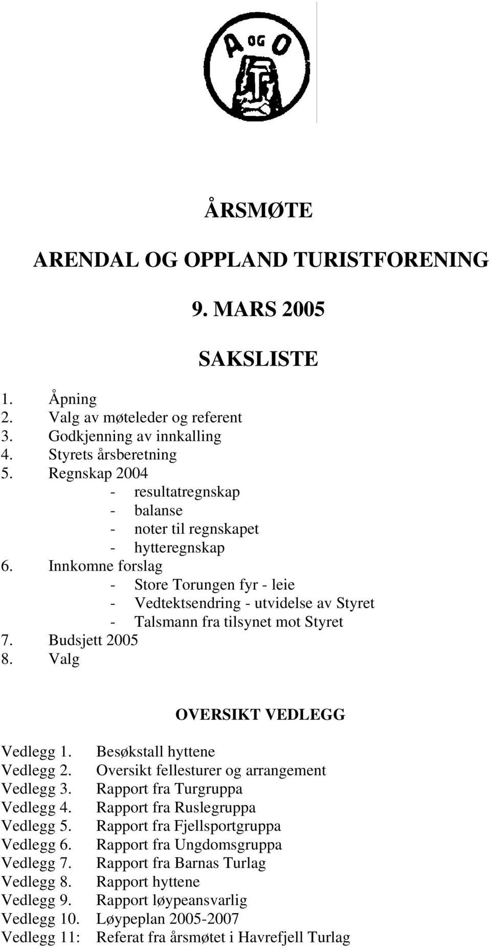 Innkomne forslag - Store Torungen fyr - leie - Vedtektsendring - utvidelse av Styret - Talsmann fra tilsynet mot Styret 7. Budsjett 2005 8. Valg OVERSIKT VEDLEGG Vedlegg 1.