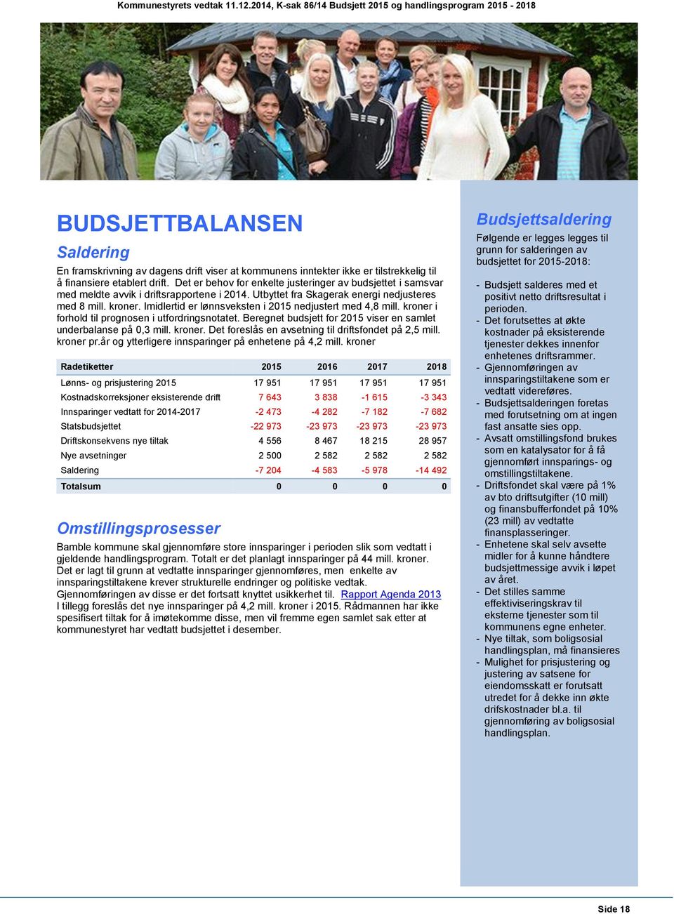 Imidlertid er lønnsveksten i 2015 nedjustert med 4,8 mill. kroner i forhold til prognosen i utfordringsnotatet. Beregnet budsjett for 2015 viser en samlet underbalanse på 0,3 mill. kroner. Det foreslås en avsetning til driftsfondet på 2,5 mill.