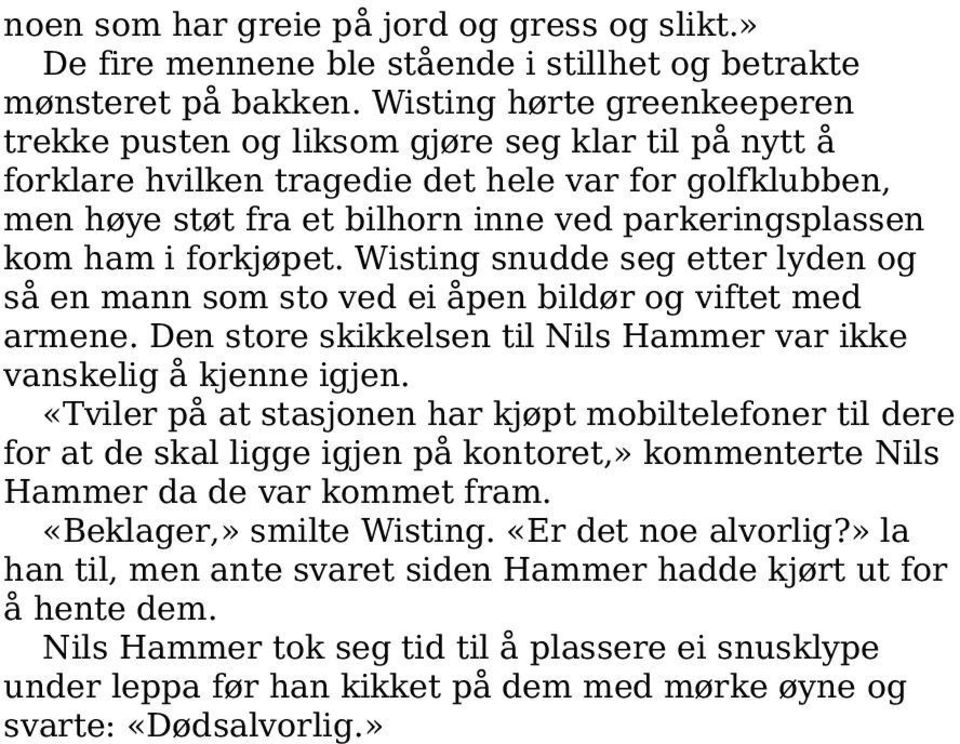 ham i forkjøpet. Wisting snudde seg etter lyden og så en mann som sto ved ei åpen bildør og viftet med armene. Den store skikkelsen til Nils Hammer var ikke vanskelig å kjenne igjen.