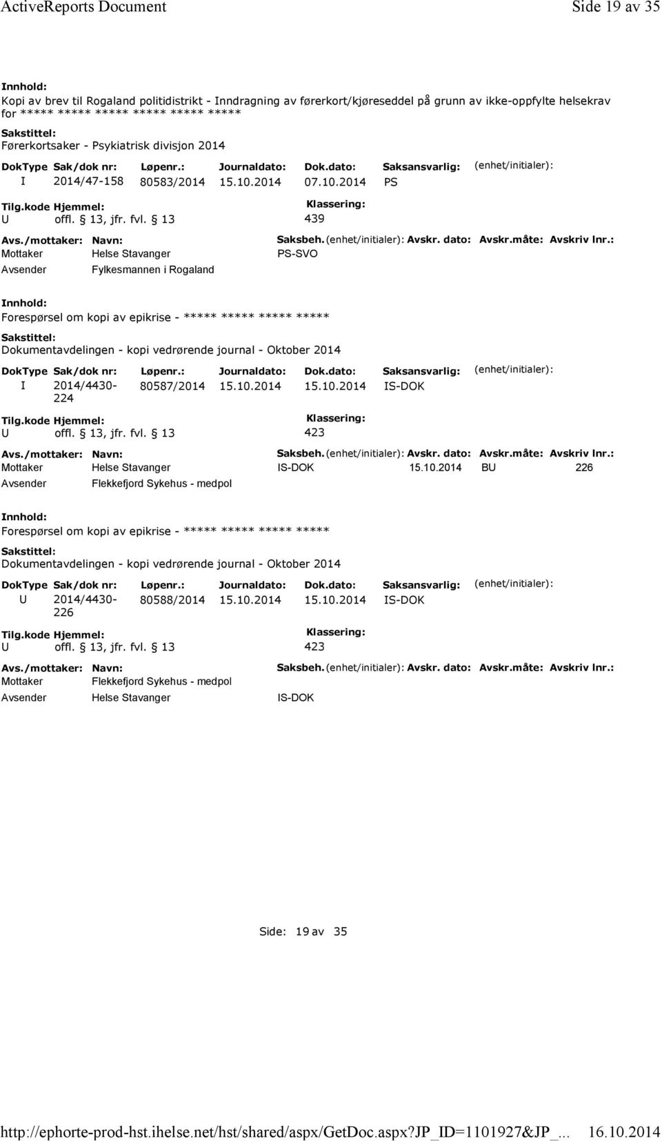 Psykiatrisk divisjon 2014 2014/47-158 80583/2014 07.10.2014 PS 439 Fylkesmannen i Rogaland Saksbeh. Avskr. dato: Avskr.måte: Avskriv lnr.