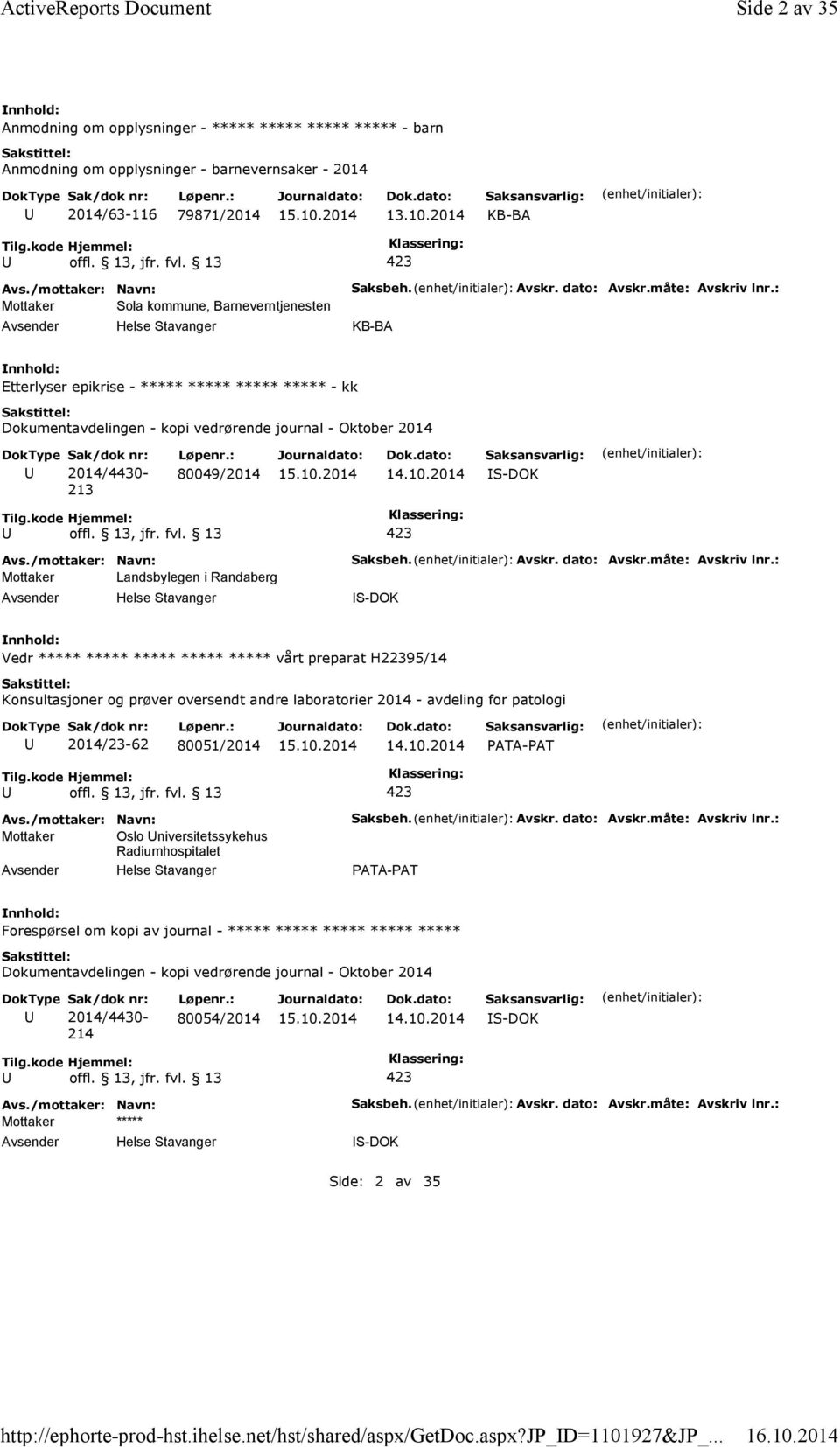 2014 KB-BA Mottaker Sola kommune, Barneverntjenesten Helse Stavanger Saksbeh. Avskr. dato: Avskr.måte: Avskriv lnr.