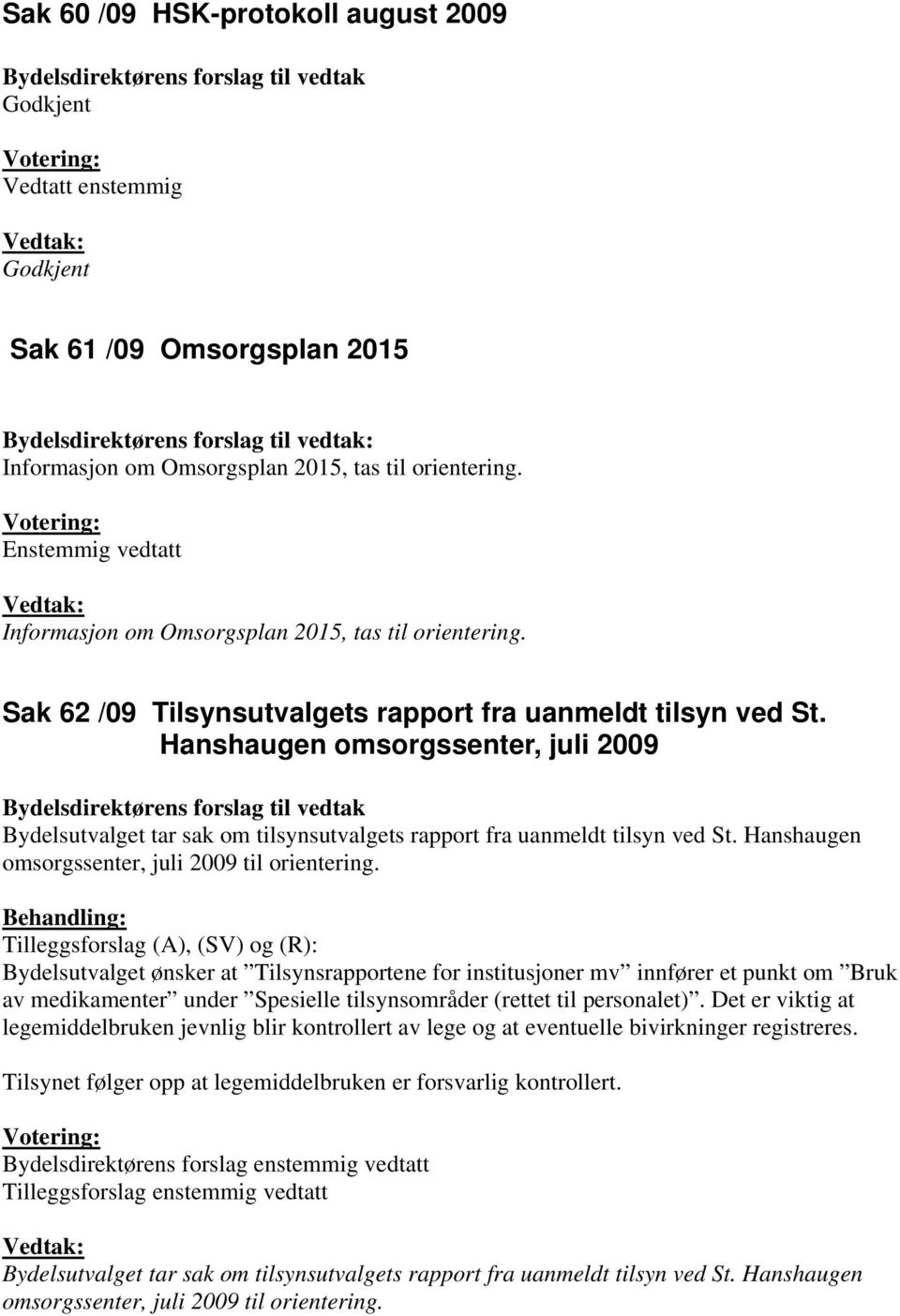 Sak 62 /09 Tilsynsutvalgets rapport fra uanmeldt tilsyn ved St.