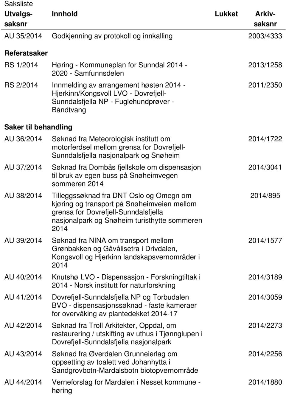 om motorferdsel mellom grensa for Dovrefjell- Sunndalsfjella nasjonalpark og Snøheim AU 37/2014 AU 38/2014 AU 39/2014 AU 40/2014 AU 41/2014 AU 42/2014 AU 43/2014 Søknad fra Dombås fjellskole om