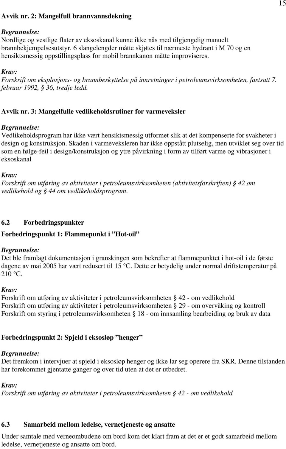 Krav: Forskrift om eksplosjons- og brannbeskyttelse på innretninger i petroleumsvirksomheten, fastsatt 7. februar 1992, 36, tredje ledd. Avvik nr.