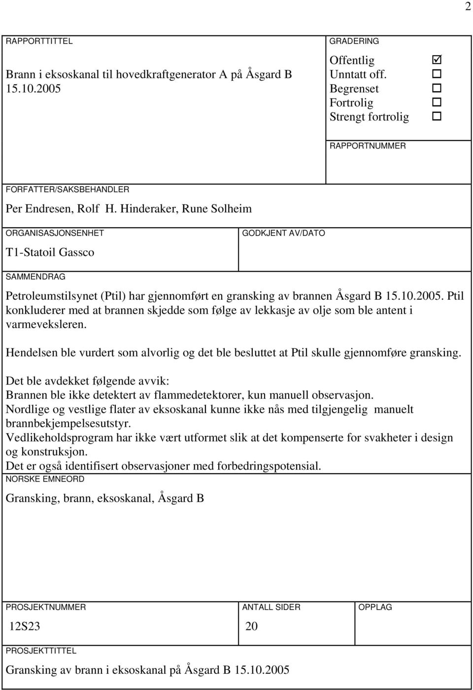 Hinderaker, Rune Solheim ORGANISASJONSENHET T1-Statoil Gassco GODKJENT AV/DATO SAMMENDRAG Petroleumstilsynet (Ptil) har gjennomført en gransking av brannen Åsgard B 15.10.2005.