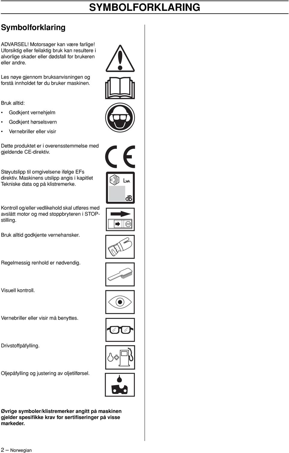 Bruk alltid: Godkjent vernehjelm Godkjent hørselsvern Vernebriller eller visir Dette produktet er i overensstemmelse med gjeldende CE-direktiv. Støyutslipp til omgivelsene ifølge EFs direktiv.