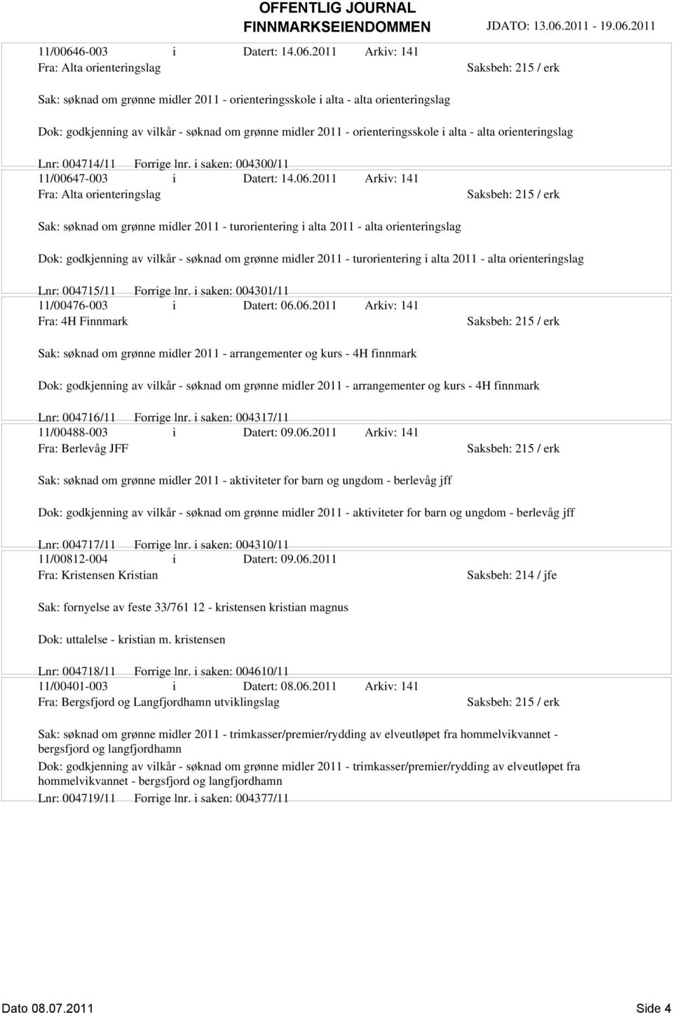 2011 Arkiv: 141 Fra: Alta orienteringslag Sak: søknad om grønne midler 2011 - orienteringsskole i alta - alta orienteringslag Dok: godkjenning av vilkår - søknad om grønne midler 2011 -