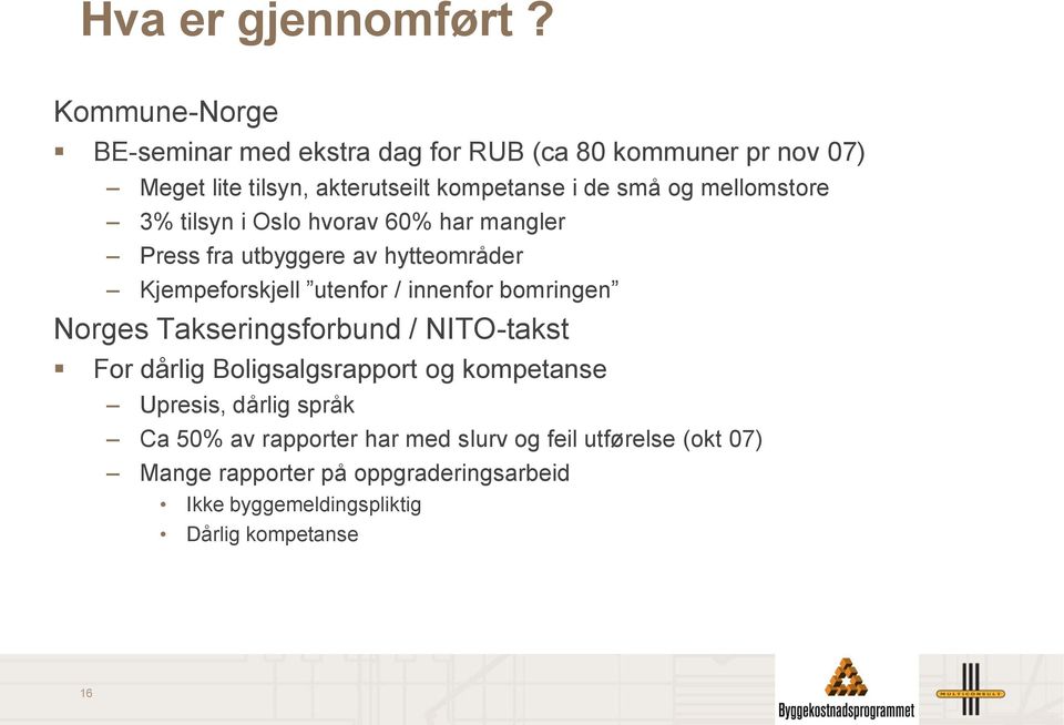 mellomstore 3% tilsyn i Oslo hvorav 60% har mangler Press fra utbyggere av hytteområder Kjempeforskjell utenfor / innenfor bomringen