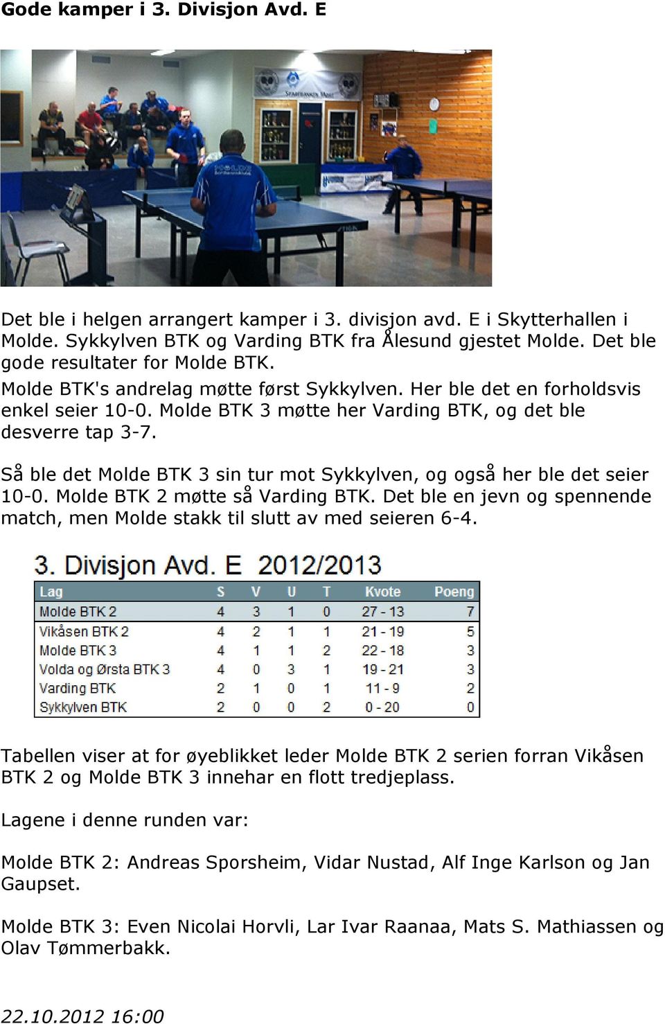 Så ble det Molde BTK 3 sin tur mot Sykkylven, og også her ble det seier 10-0. Molde BTK 2 møtte så Varding BTK. Det ble en jevn og spennende match, men Molde stakk til slutt av med seieren 6-4.