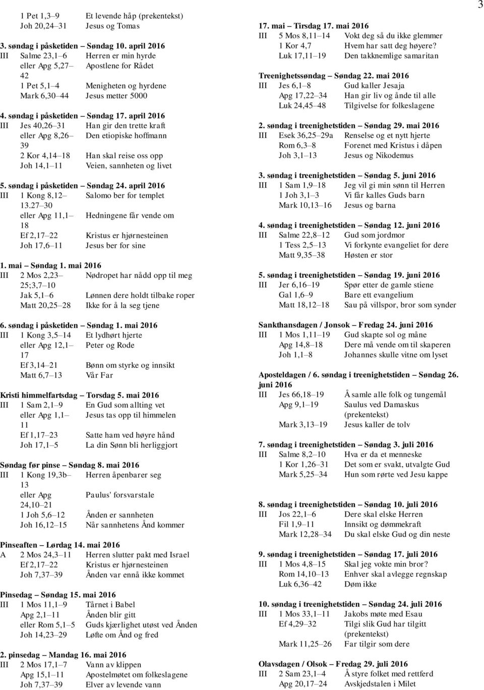 april III Jes 40,26 31 Han gir den trette kraft eller Apg 8,26 Den etiopiske hoffmann 39 2 Kor 4,14 18 Han skal reise oss opp Joh 14,1 11 Veien, sannheten og livet 5. søndag i påsketiden Søndag 24.