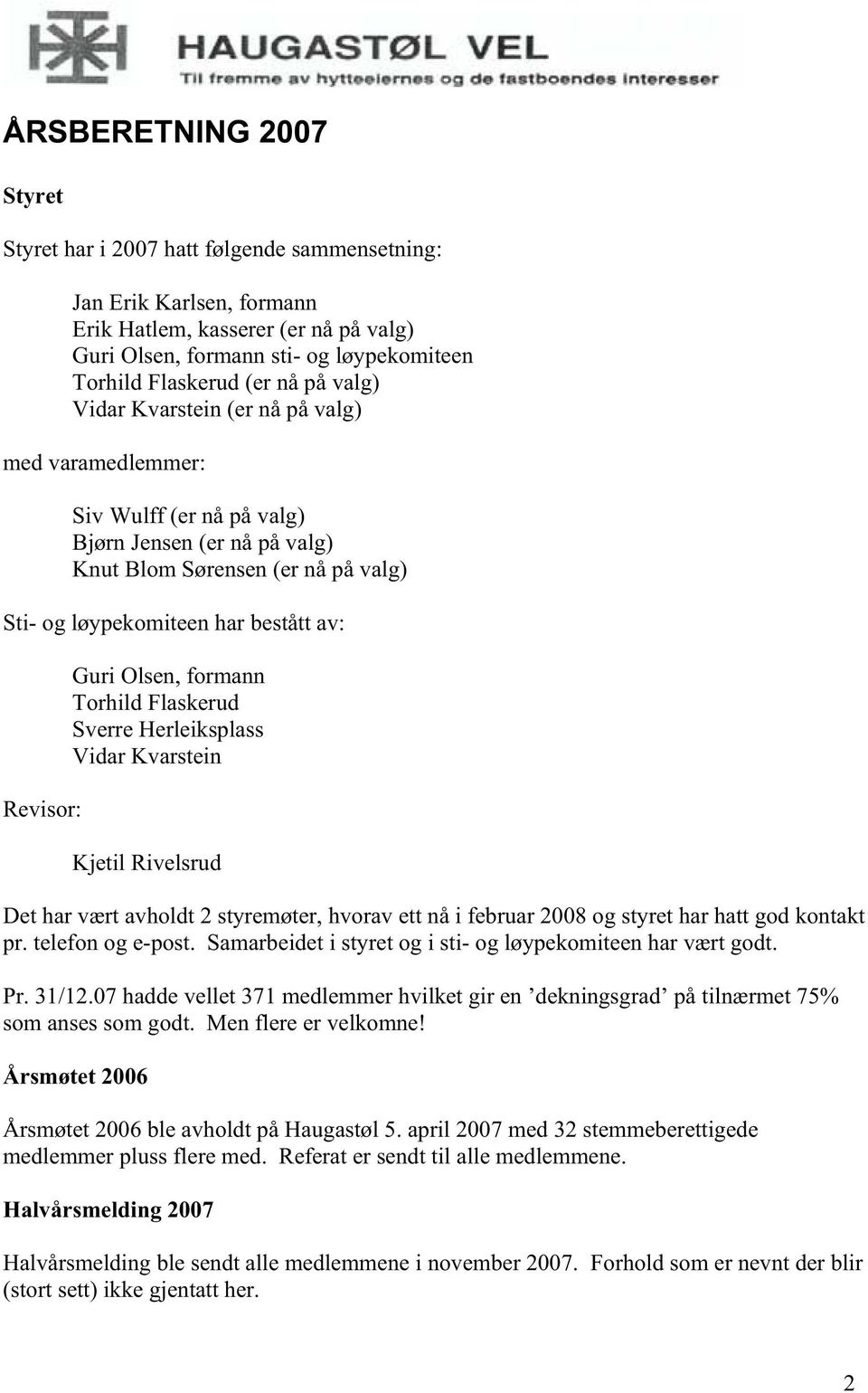 Guri Olsen, formann Torhild Flaskerud Sverre Herleiksplass Vidar Kvarstein Kjetil Rivelsrud Det har vært avholdt 2 styremøter, hvorav ett nå i februar 2008 og styret har hatt god kontakt pr.