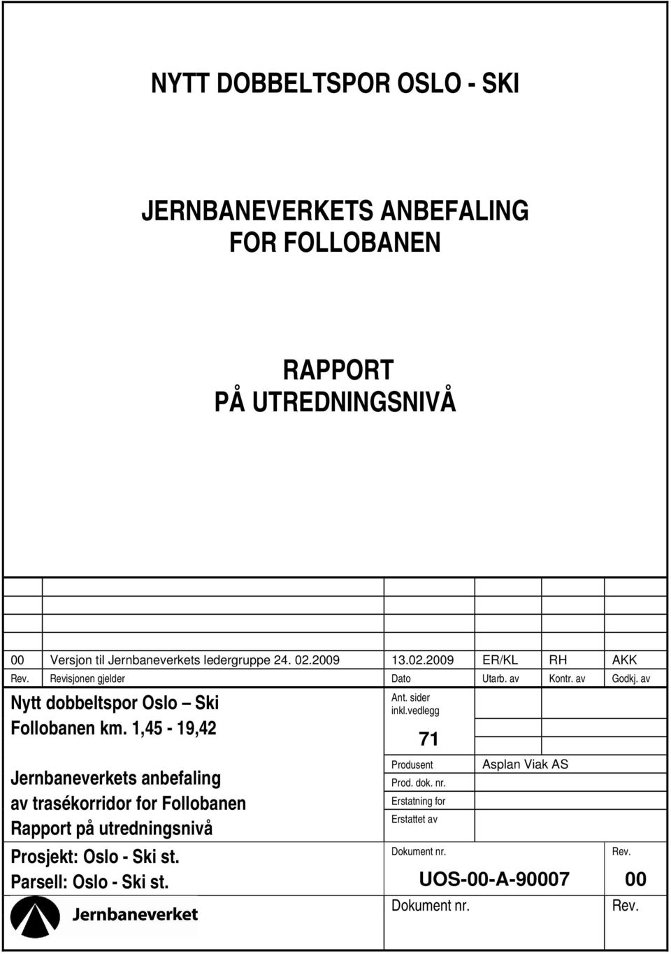1,45-19,42 Jernbaneverkets anbefaling av trasékorridor for Follobanen Rapport på utredningsnivå Prosjekt: Oslo - Ski st. Ant. sider inkl.