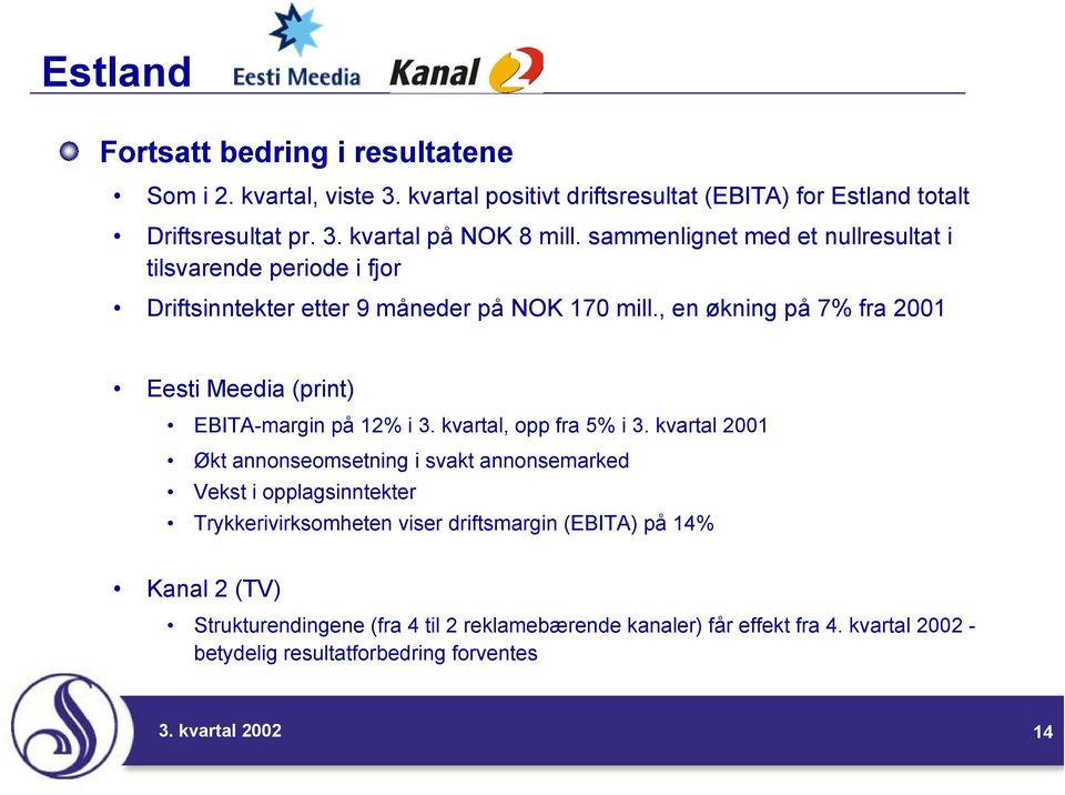 , en økning på 7% fra 2001 Eesti Meedia (print) EBITA-margin på 12% i 3. kvartal, opp fra 5% i 3.