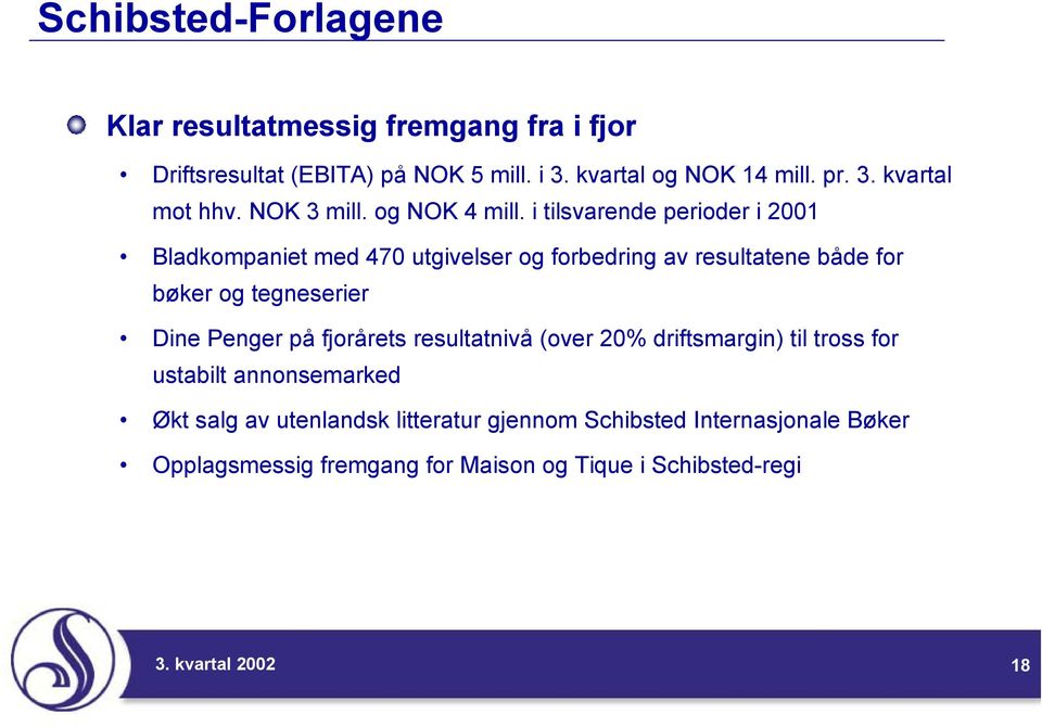 i tilsvarende perioder i 2001 Bladkompaniet med 470 utgivelser og forbedring av resultatene både for bøker og tegneserier Dine Penger