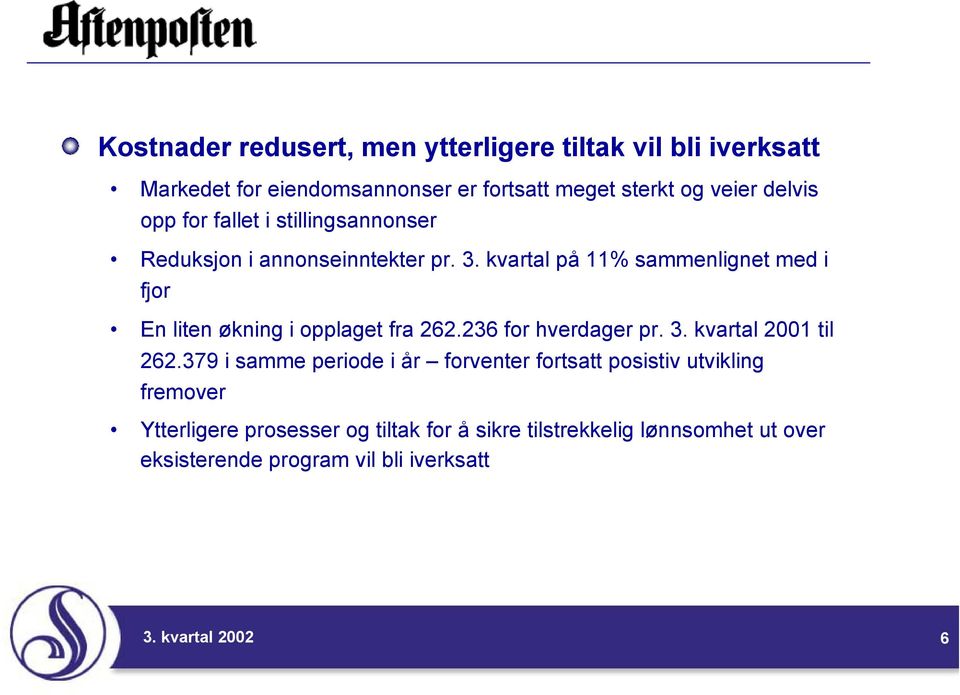 kvartal på 11% sammenlignet med i fjor En liten økning i opplaget fra 262.236 for hverdager pr. 3. kvartal 2001 til 262.