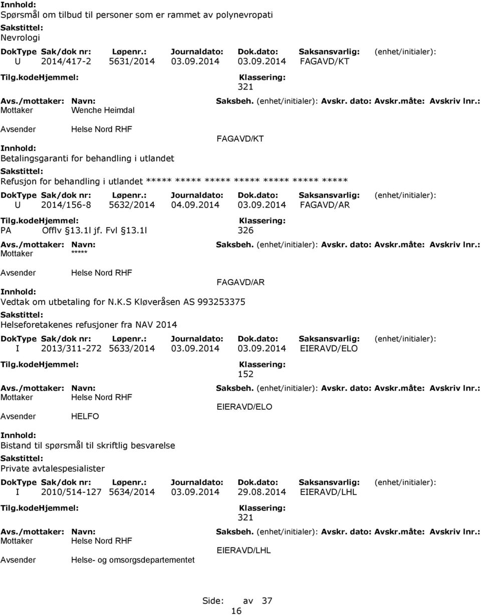 2014 FAGAVD/KT Wenche Heimdal 321 Betalingsgaranti for behandling i utlandet FAGAVD/KT Refusjon for behandling i utlandet ***** ***** ***** ***** ***** ***** ***** U 2014/156-8