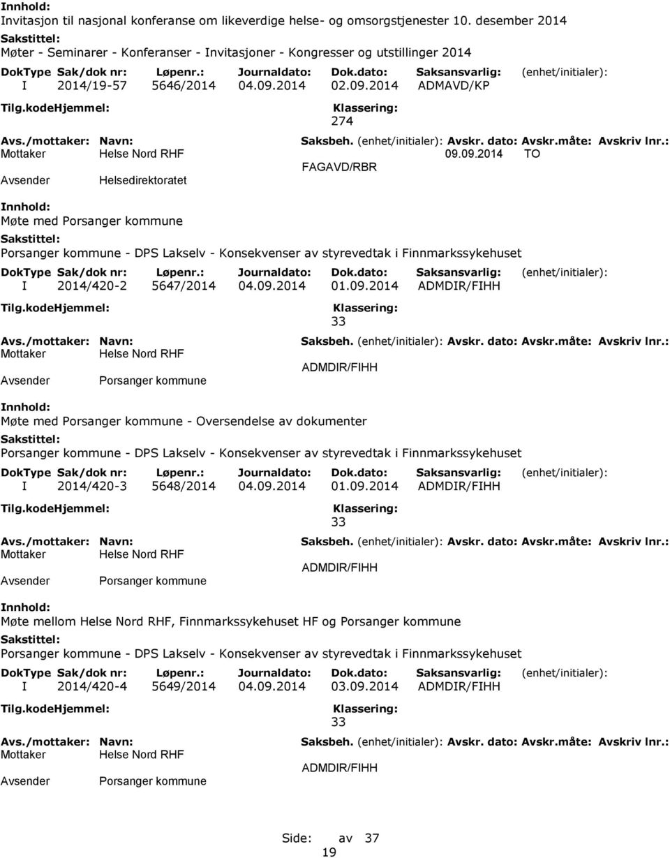 2014 02.09.2014 ADMAVD/KP 274 09.09.2014 TO FAGAVD/RBR Helsedirektoratet Møte med Porsanger kommune Porsanger kommune - DPS Lakselv - Konsekvenser av styrevedtak i Finnmarkssykehuset I 2014/420-2 5647/2014 04.