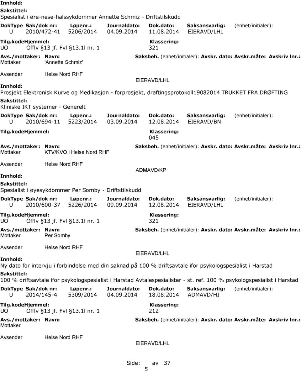 08.2014 EIERAVD/BN KTV/KVO i 045 Spesialist i øyesykdommer Per Somby - Driftstilskudd ADMAVD/KP U 2010/600-37 5226/2014 09.09.2014 12.08.2014 UO Offlv 13 jf. Fvl 13.1l nr.