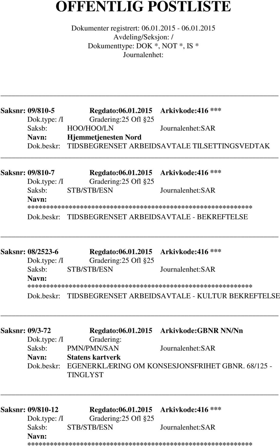 beskr: TIDSBEGRENSET ARBEIDSAVTALE - BEKREFTELSE Saksnr: 08/2523-6 Regdato:06.01.2015 Arkivkode:416 *** Saksb: STB/STB/ESN SAR ** Dok.