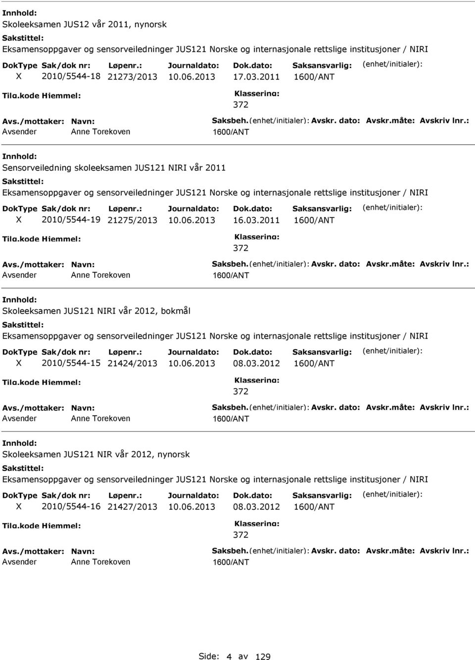 : Anne Torekoven Sensorveiledning skoleeksamen JS121 R vår 2011 Eksamensoppgaver og sensorveiledninger JS121 orske og internasjonale rettslige institusjoner / R 2010/5544-19 21275/2013 16.03.