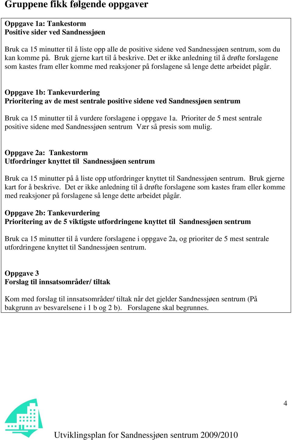 Oppgave 1b: Tankevurdering Prioritering av de mest sentrale positive sidene ved Sandnessjøen sentrum Bruk ca 15 minutter til å vurdere forslagene i oppgave 1a.