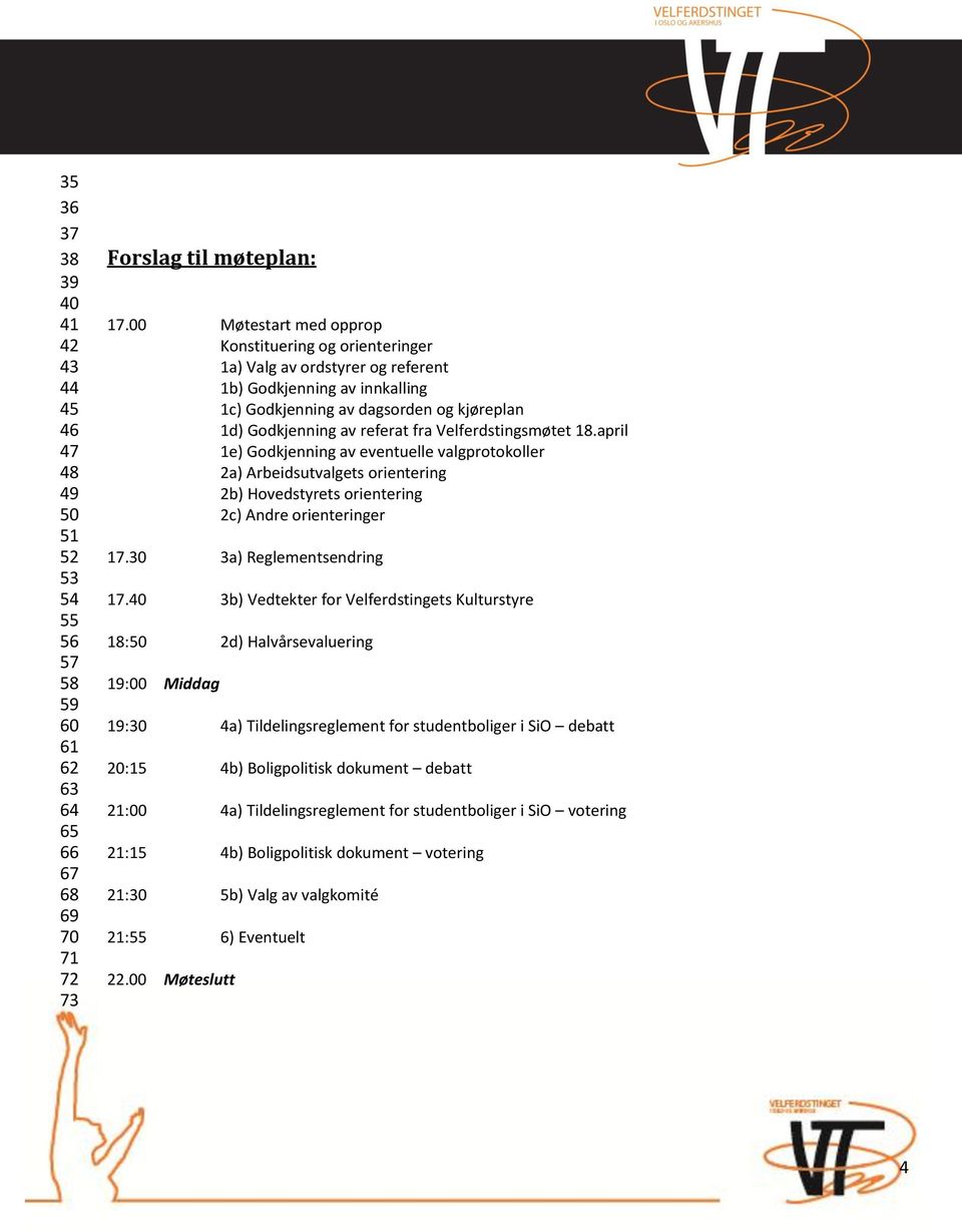 Velferdstingsmøtet 18.april 1e) Godkjenning av eventuelle valgprotokoller 2a) Arbeidsutvalgets orientering 2b) Hovedstyrets orientering 2c) Andre orienteringer 17.30 3a) Reglementsendring 17.