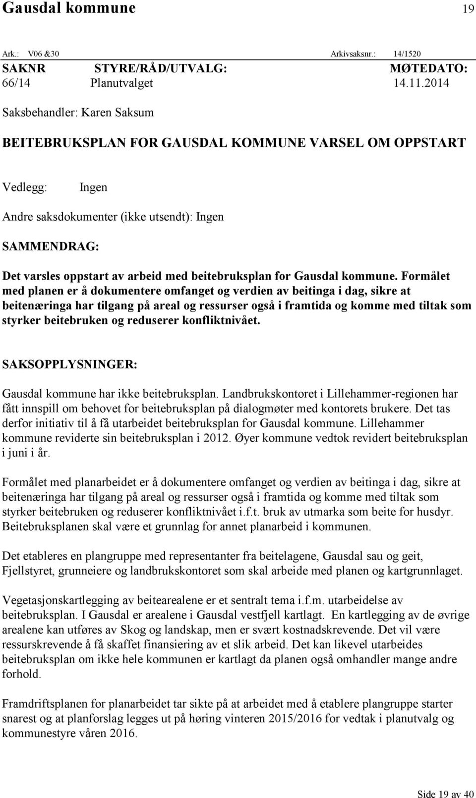 beitebruksplan for Gausdal kommune.