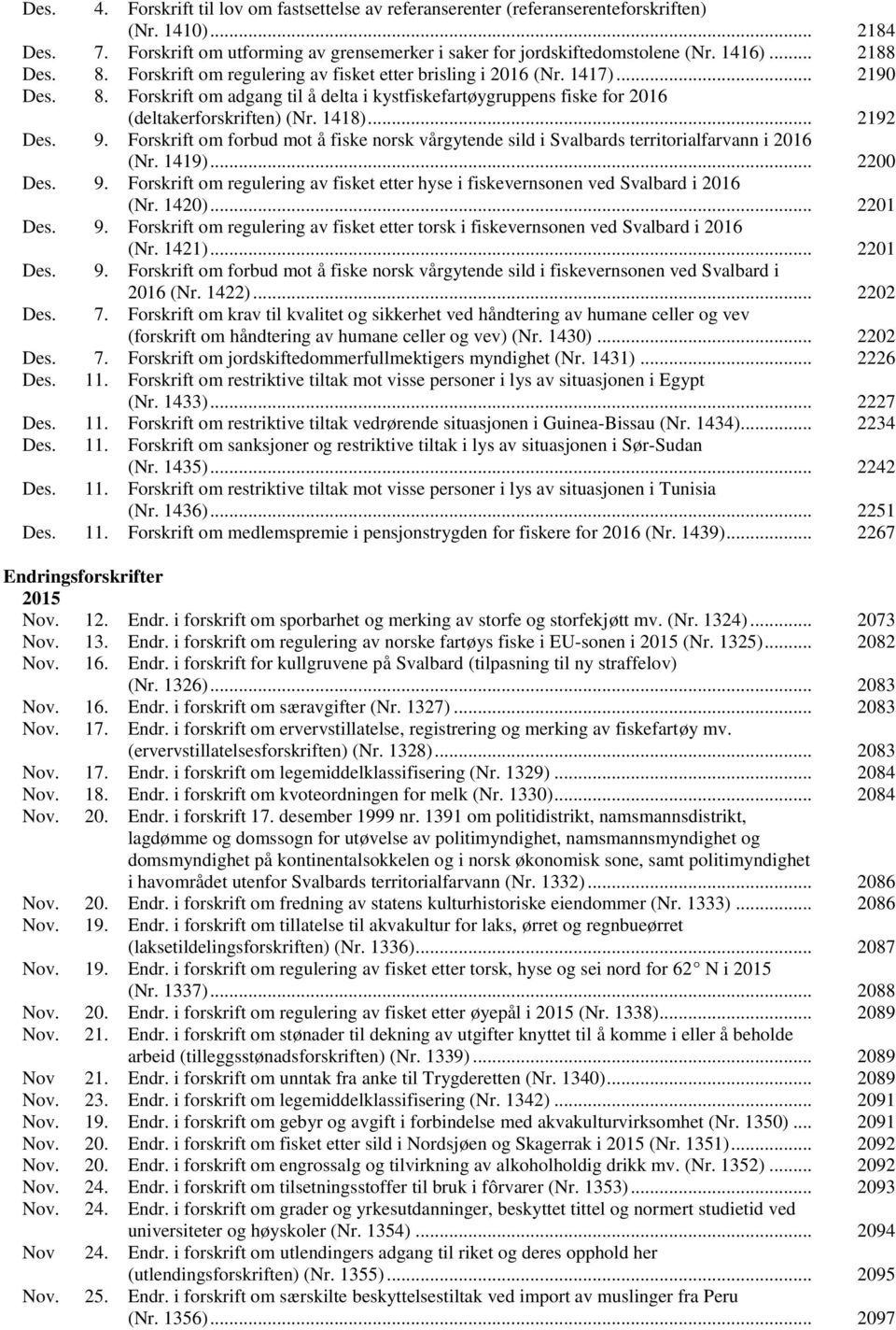 1418)... 2192 Des. 9. Forskrift om forbud mot å fiske norsk vårgytende sild i Svalbards territorialfarvann i 2016 (Nr. 1419)... 2200 Des. 9. Forskrift om regulering av fisket etter hyse i fiskevernsonen ved Svalbard i 2016 (Nr.