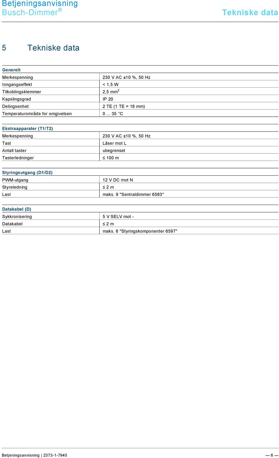 9\mod_1268898668093_0.docx @ 160802 @ @ 1 Busch-Dimmer Tekniske data Pos : 18 / #Neustr uktur#/online-dokumentati on (+KNX)/Überschriften (--> Für all e D okumente <--)/1.