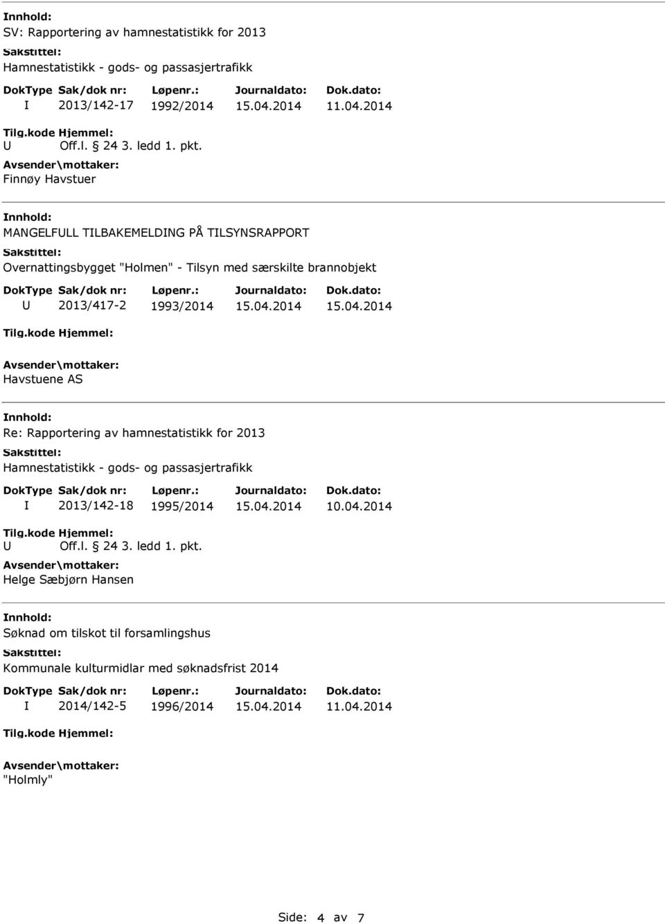 2014 MANGELFLL TLBAKEMELDNG PÅ TLSYNSRAPPORT Overnattingsbygget "Holmen" - Tilsyn med særskilte brannobjekt 2013/417-2 1993/2014 Havstuene AS Re: