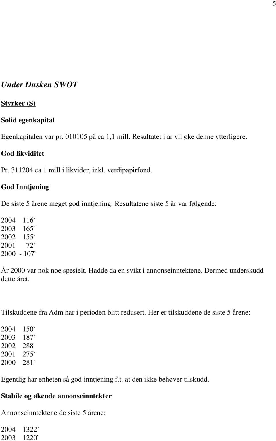 Resultatene siste 5 år var følgende: 2004 116` 2003 165` 2002 155` 2001 72` 2000-107` År 2000 var nok noe spesielt. Hadde da en svikt i annonseinntektene. Dermed underskudd dette året.