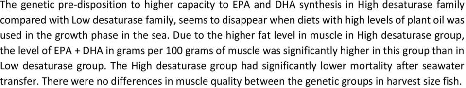 Due to the higher fat level in muscle in High desaturase group, the level of EPA + DHA in grams per 100 grams of muscle was significantly higher in