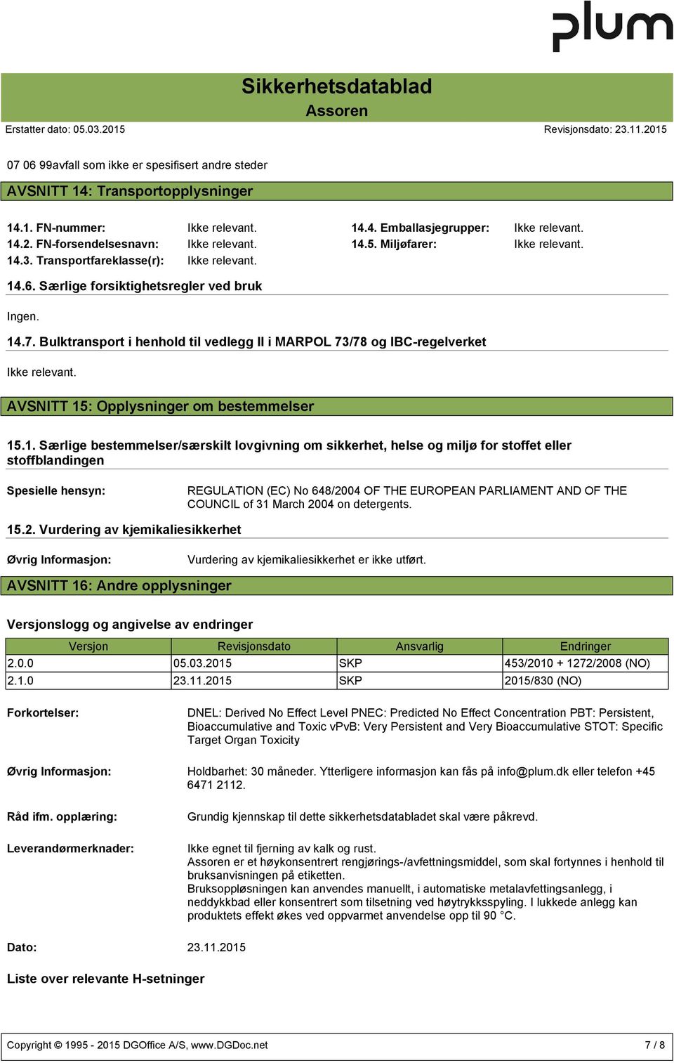 Bulktransport i henhold til vedlegg II i MARPOL 73/78 og IBC-regelverket Ikke relevant. AVSNITT 15