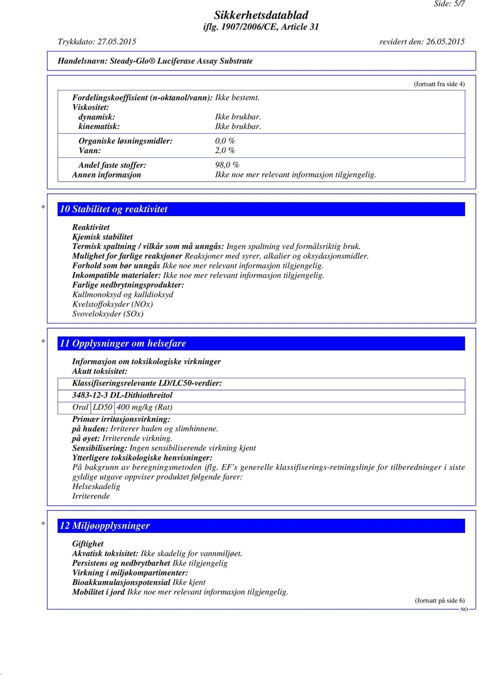 Mulighet for farlige reaksjoner Reaksjoner med syrer, alkalier og oksydasjonsmidler. Forhold som bør unngås Ikke noe mer relevant informasjon tilgjengelig.