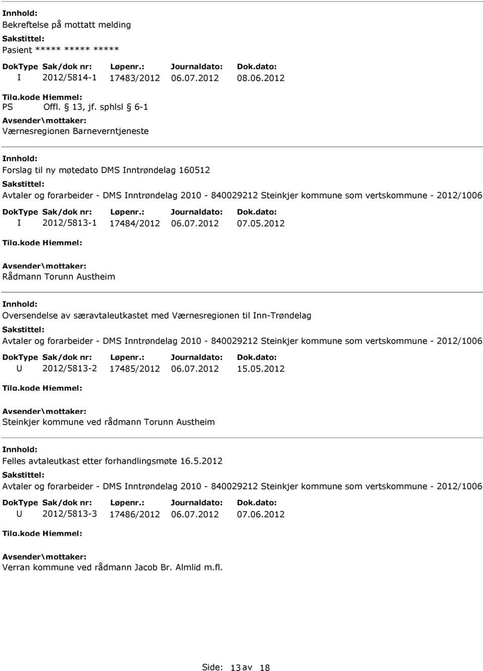 2 Avtaler og forarbeider - DMS nntrøndelag 2010-840029212 Steinkjer kommune som vertskommune - 2012/1006 2012/5813-1 17484/2012 07.05.