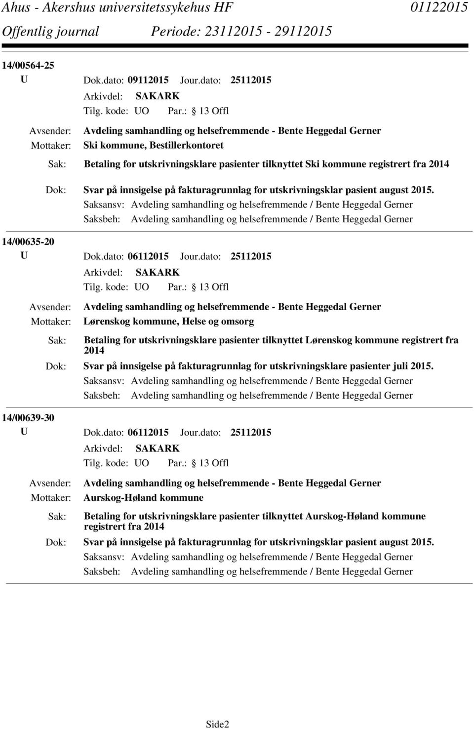 dato: 25112015 Lørenskog kommune, Helse og omsorg Betaling for utskrivningsklare pasienter tilknyttet Lørenskog kommune registrert fra 2014 Svar på innsigelse på fakturagrunnlag