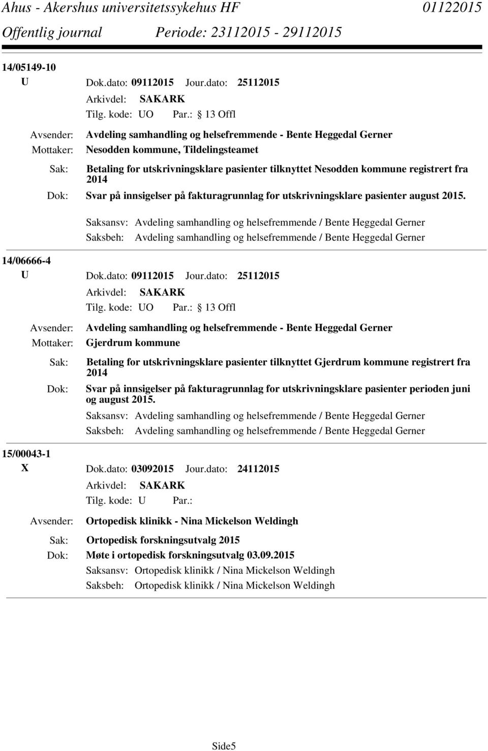 14/06666-4 Gjerdrum kommune Betaling for utskrivningsklare pasienter tilknyttet Gjerdrum kommune registrert fra 2014 Svar på innsigelser på fakturagrunnlag for utskrivningsklare