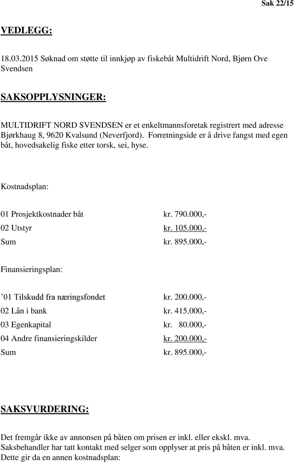 (Neverfjord). Forretningside er å drive fangst med egen båt, hovedsakelig fiske etter torsk, sei, hyse. Kostnadsplan: 01 Prosjektkostnader båt kr. 790.000,- 02 Utstyr kr. 105.000,- Sum kr. 895.