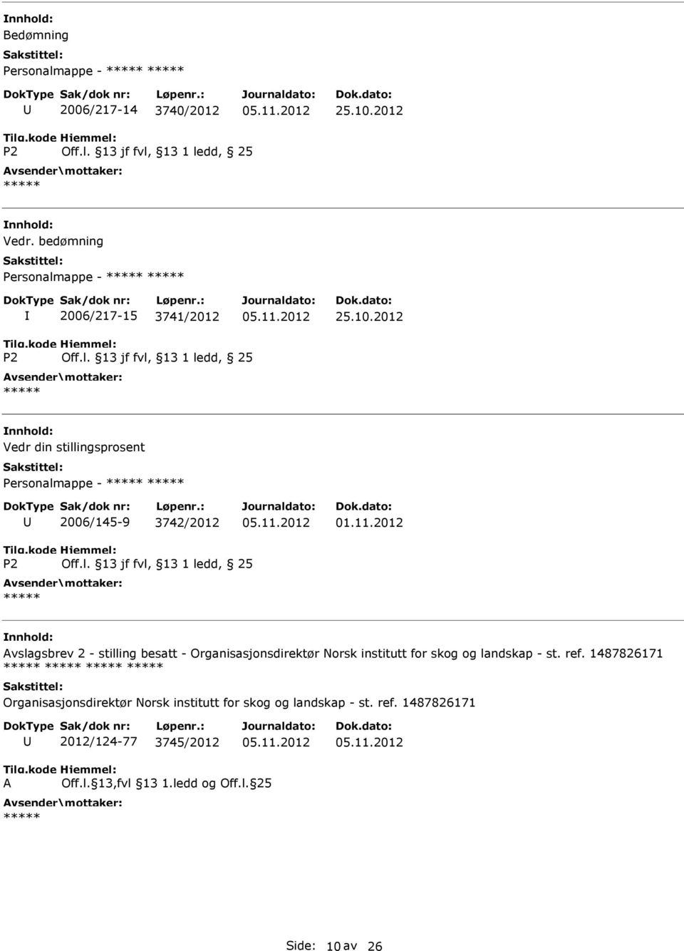 2012 ***** Vedr din stillingsprosent 2006/145-9 3742/2012 ***** Avslagsbrev 2 - stilling besatt -