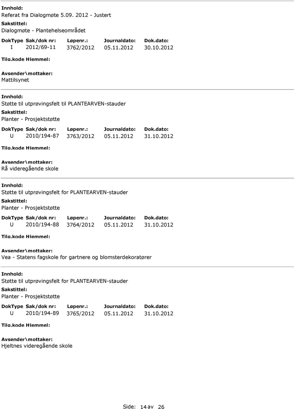 skole Støtte til utprøvingsfelt for PLANTEARVEN-stauder Planter - Prosjektstøtte 2010/194-88 3764/2012 Vea - Statens fagskole for