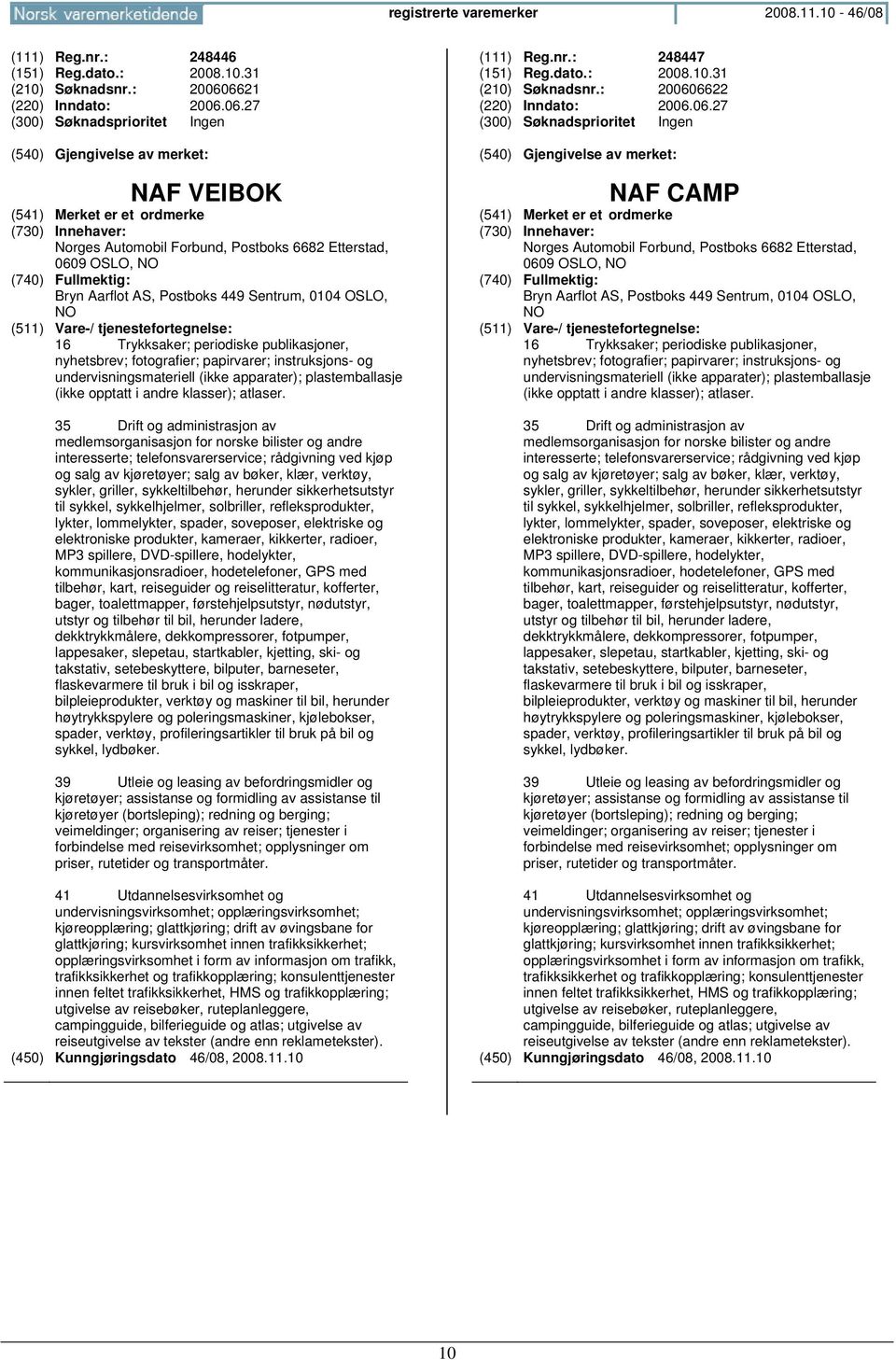 06.27 (300) Søknadsprioritet Ingen NAF VEIBOK Norges Automobil Forbund, Postboks 6682 Etterstad, 0609 OSLO, NO Bryn Aarflot AS, Postboks 449 Sentrum, 0104 OSLO, NO 16 Trykksaker; periodiske