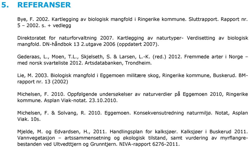 Fremmede arter i Norge med norsk svarteliste 2012. Artsdatabanken, Trondheim. Lie, M. 2003. Biologisk mangfold i Eggemoen militære skog, Ringerike kommune, Buskerud. BMrapport nr.