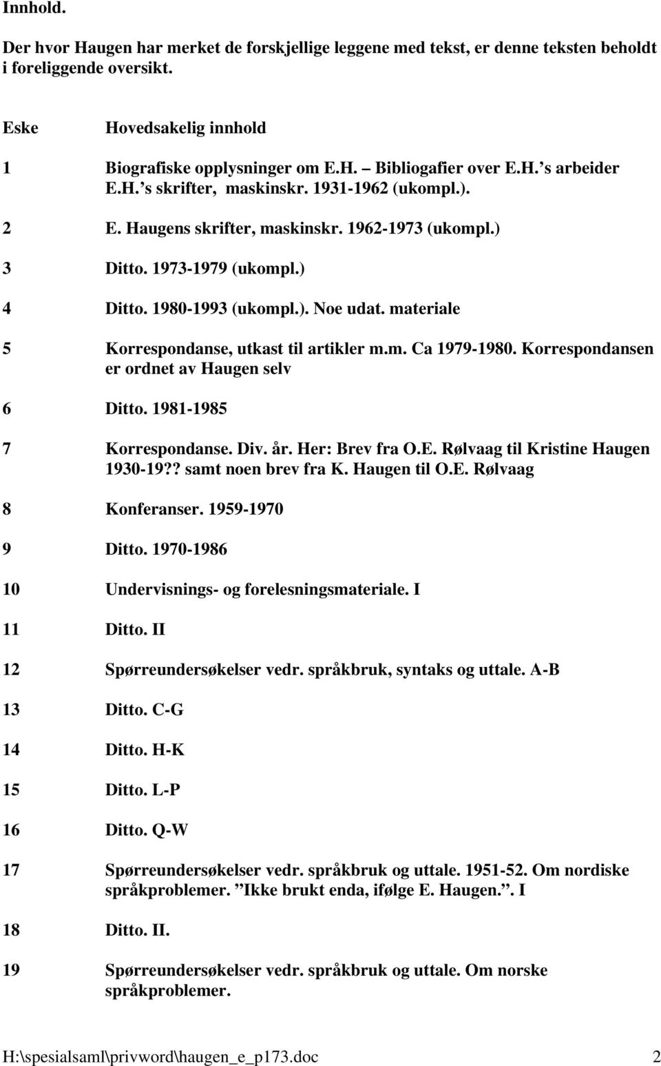 materiale 5 Korrespondanse, utkast til artikler m.m. Ca 1979-1980. Korrespondansen er ordnet av Haugen selv 6 Ditto. 1981-1985 7 Korrespondanse. Div. år. Her: Brev fra O.E.