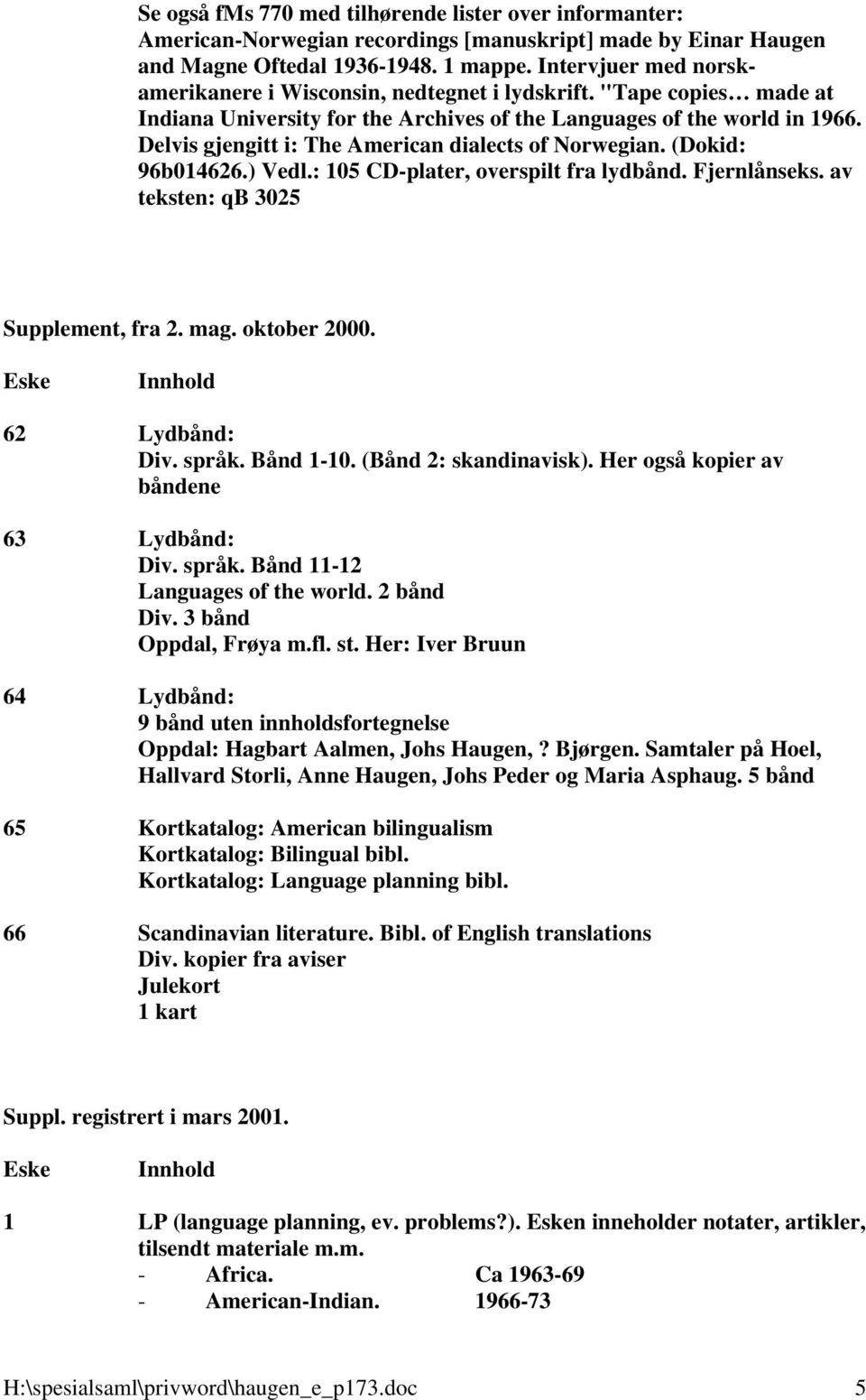 Delvis gjengitt i: The American dialects of Norwegian. (Dokid: 96b014626.) Vedl.: 105 CD-plater, overspilt fra lydbånd. Fjernlånseks. av teksten: qb 3025 Supplement, fra 2. mag. oktober 2000.