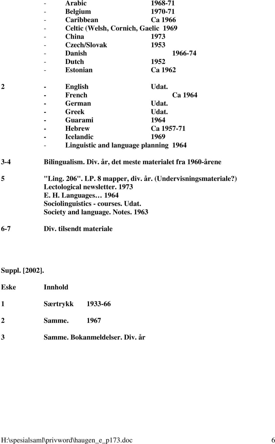 år, det meste materialet fra 1960-årene 5 "Ling. 206". LP. 8 mapper, div. år. (Undervisningsmateriale?) Lectological newsletter. 1973 E. H. Languages 1964 Sociolinguistics - courses.