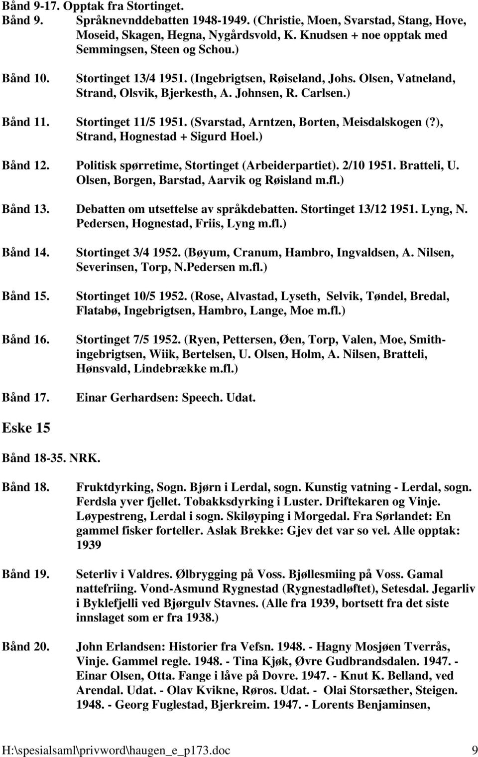 Stortinget 11/5 1951. (Svarstad, Arntzen, Borten, Meisdalskogen (?), Strand, Hognestad + Sigurd Hoel.) Bånd 12. Politisk spørretime, Stortinget (Arbeiderpartiet). 2/10 1951. Bratteli, U.